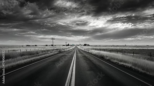 Serene black and white landscape featuring an empty road stretching into the horizon under dramatic clouds