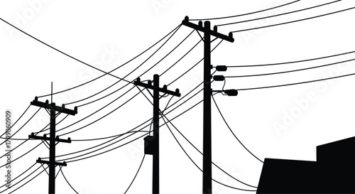 Silhouette utility poles, power lines network, electrical infrastructure, urban skyline, energy distribution, industrial grid, electricity supply, black wires, city structure,