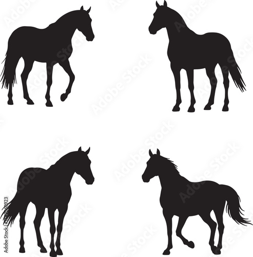 Four black horse silhouettes in different poses on a white background