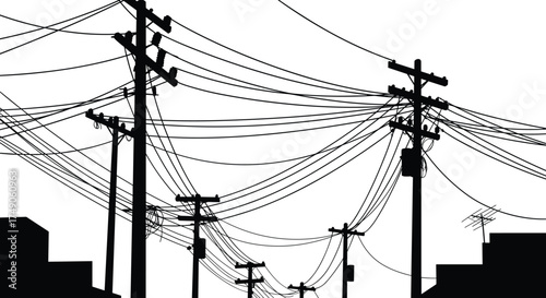 Urban utility poles, multiple power lines, overhead cables, city electrical network, silhouette of telephone poles, tangled wires, street infrastructure, power distribution