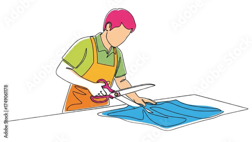 Colorful Continuous Line Art of Worker Cutting Fabric with Scissors on Large Table, Minimalist Black and White Illustration of Tailoring and Garment Preparation