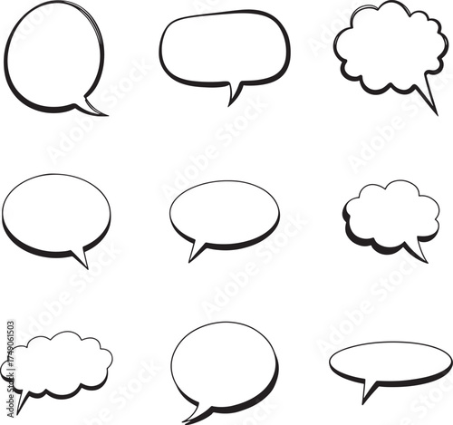 Collection of nine hand drawn speech bubble outlines in various shapes and styles