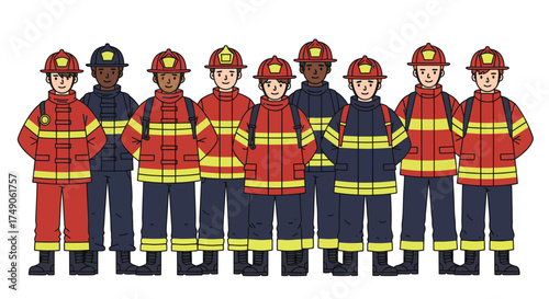 Group of Firefighters in Uniforms and Helmets Cartoon Style Illustration.