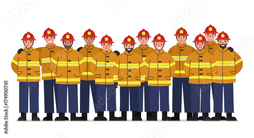 Group of Firefighters in Uniforms and Helmets Illustration.