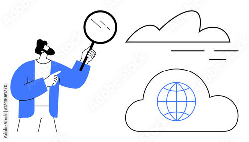 Person holding magnifying glass pointing at cloud illustration with globe inside. Ideal for technology, innovation, data analysis, cloud computing, research, exploration, global connectivity. Simple