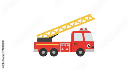 Cartoon Fire Truck with Ladder Red and Yellow Design.