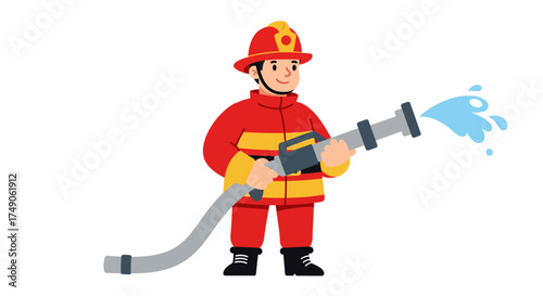 Cartoon Firefighter Holding Hose Spraying Water Wearing Red and Yellow Uniform.