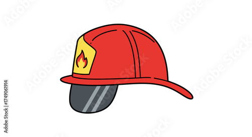 Cartoon Firefighter Helmet with Shield and Flame Emblem.