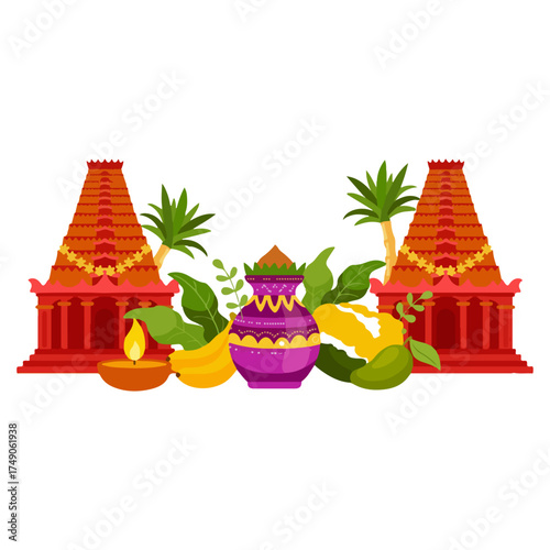 South Indian Festival Background with Temple Gopuram, Kalash Pot, and Offerings