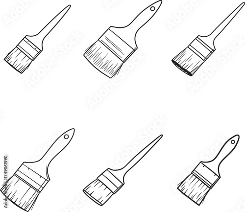 Collection of six hand drawn sketch style paint brushes on a white background