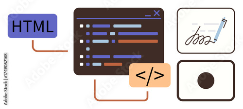 Code editor screen with HTML label, coding tags, digital signature icon, and button interface. Ideal for programming, web design, digital security, automation, UI design software engineering simple