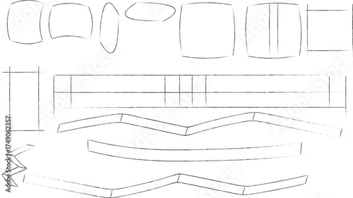 Technical drawing and blueprint schematics of various industrial components and shapes