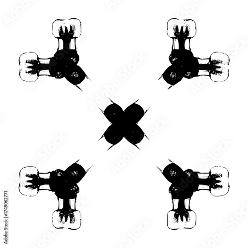 Black and white symmetrical pattern featuring four corner dumbbell shapes and a central cross design element