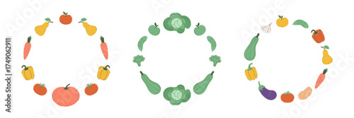 Set of 3 round frames with vegetables and fruits in flat style with partial outline. Autumn and harvest concept. Vector illustration.