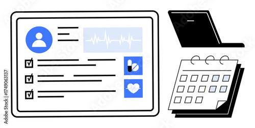 User profile with heartbeat graph, checklist tasks, health icons on a digital screen, alongside a laptop and a calendar layout. Ideal for healthcare, planning, wellness, medical apps, organization