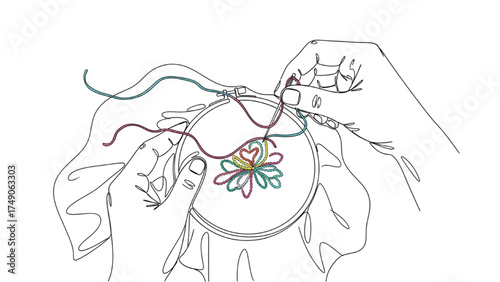 Colorful Continuous Line Art of Person Embroidering Fabric by Hand, Minimalist Black Line Illustration Highlighting Craftsmanship and Textile Detailing

