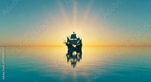 Sunrise Voyage – Columbus Day Ship Sailing Toward New Discoveries