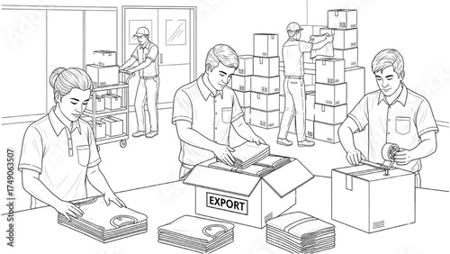 Continuous Line Art of Workers Folding Clothes and Packing Boxes, Minimalist Black and White Illustration of Garment Logistics and Export