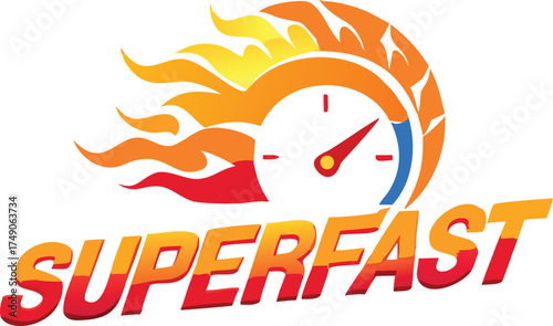 Superfast speedometer icon with fiery flames representing quick performance and speed vector