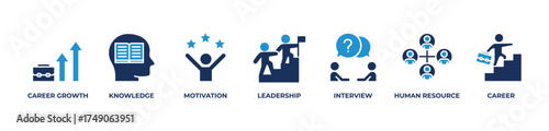 Motivation to Career Icons set vector illustration blue with Career growth, Knowledge, Motivation, Leadership, Interview, Human resource, Career