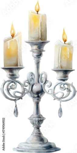 
Victorian-style candelabra with three candles, clip art on a white background, realistic watercolor illustration, isolated on a white background with margins.

