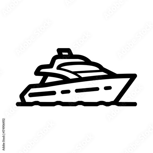 Illustration of a sleek yacht with multiple decks sailing on water in a minimalist outline style