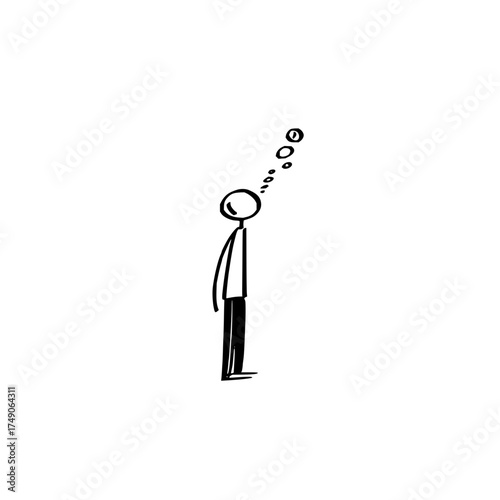 Stick figure standing looking up with thought bubbles emanating from head in simple black and white drawing