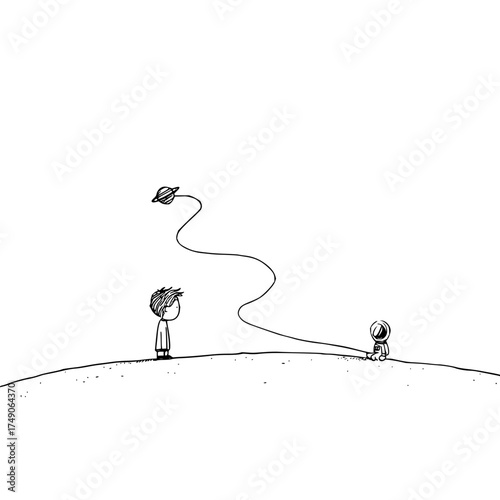 A boy and an astronaut connected by a string with a planet floating above on a white background sketch