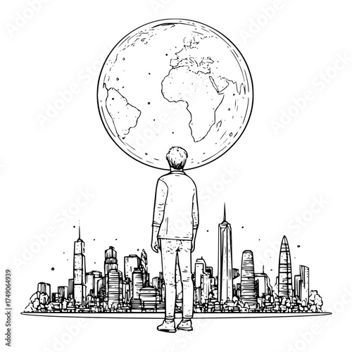 Man staring at earth above city skyline in black and white detailed sketch illustration art design