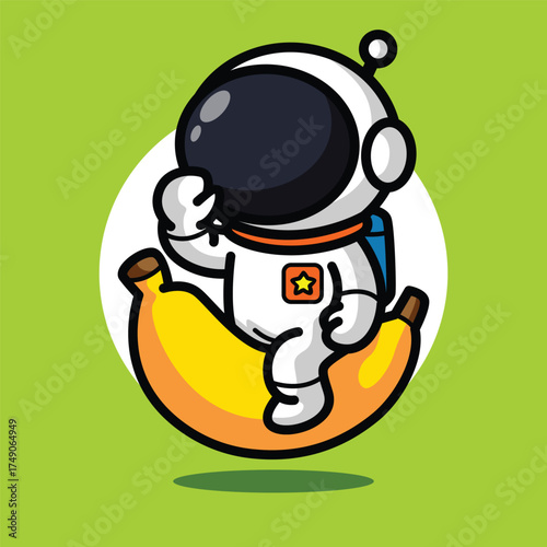 Cute Astronaut Sitting on Banana Illustration for Space Cartoon Character and Funny Fruit Concept