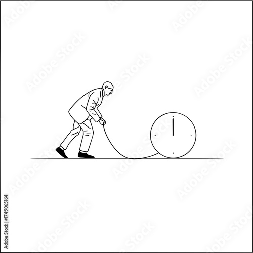Illustration of a man pulling a clock with a rope on a white background in a minimalist style drawing
