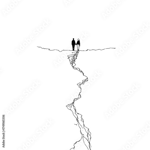A couple standing on the edge of a cliff holding hands with a large crack running down the cliff face