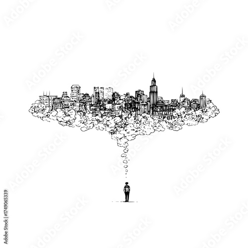 A sketch of a person looking up at a city skyline floating in clouds with thought bubbles above the head