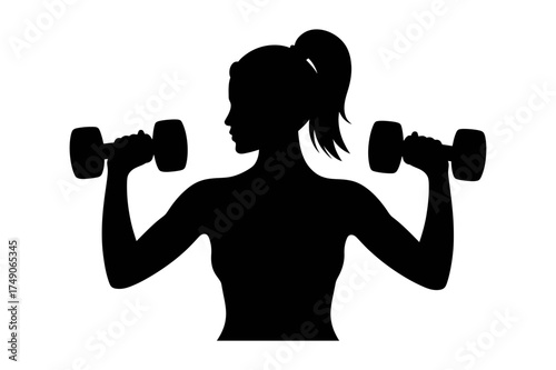 Silhouette of a woman lifting dumbbells with a ponytail in a fitness exercise routine workout