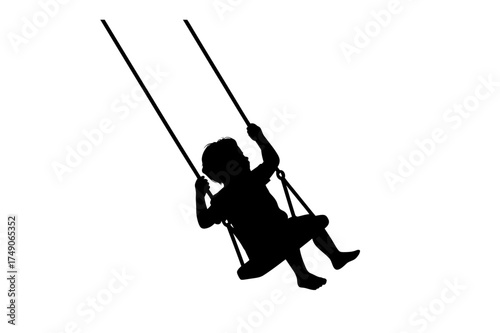 Silhouette of a child swinging on a swing set with ropes in a playful and carefree manner