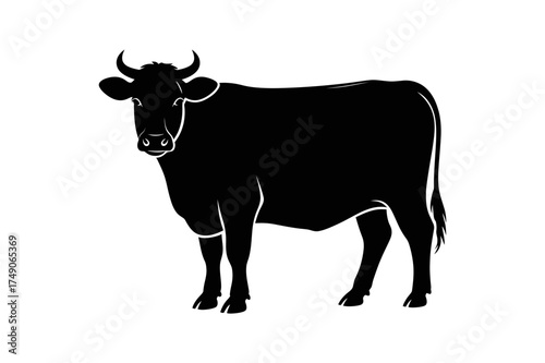 Illustration of a black cow standing in a white background with visible horns and legs shown