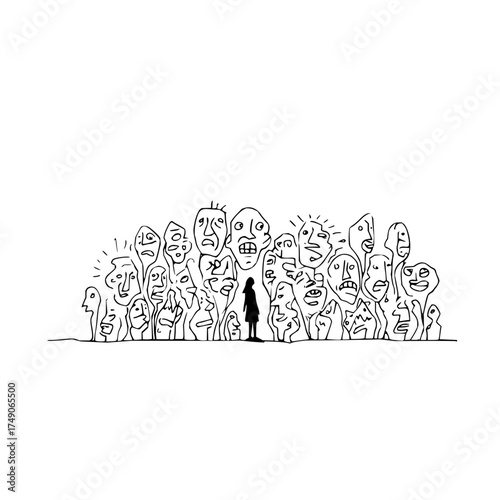A lone figure stands before a crowd of expressive faces rendered in a simple black and white line drawing style