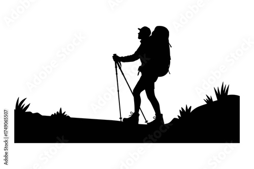 Silhouette of a hiker with a backpack and trekking poles on a grassy hill with vegetation