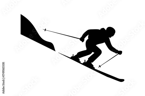 Silhouette of a skier skiing down a slope with ski poles on a snowy mountain in winter time