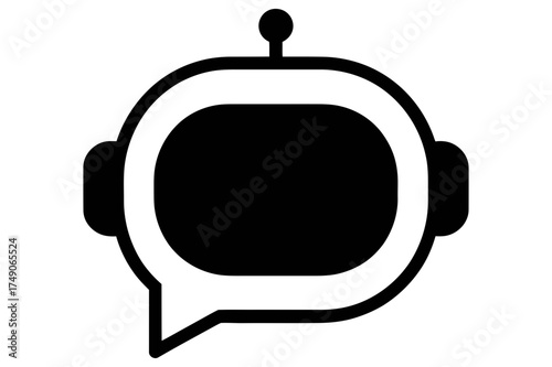 Illustration of a robot head with a speech bubble shape containing a black screen display