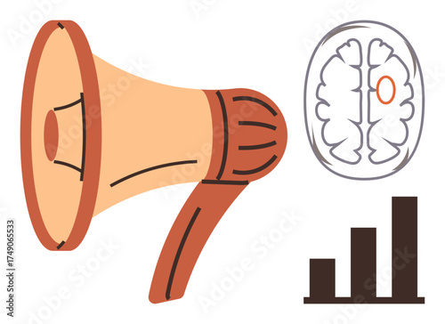Loudspeaker with brain symbol and bar graph reflecting communication, innovation, data growth, and persuasive influence. Ideal for marketing, education, psychology, awareness, leadership strategy