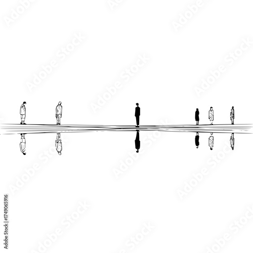 Sketch of figures standing on a line with reflections in a water like surface in black and white art