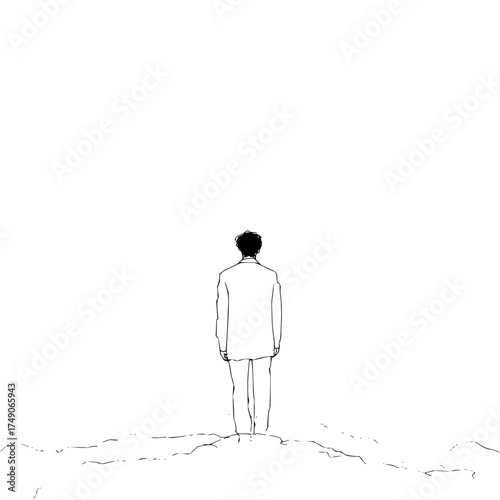 A lone figure in a suit stands facing away on a desolate landscape drawn in black and white minimalist style