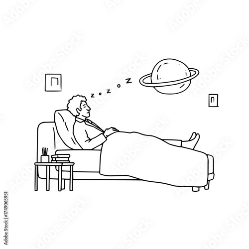 Man sleeping in bed dreaming of planet with rings in a black and white line drawing illustration