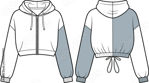 Cropped hoodie, fashion technical drawing, color block design, long sleeves, zipper closure, drawstring hood, elastic hem, garment flat sketch, apparel illustration