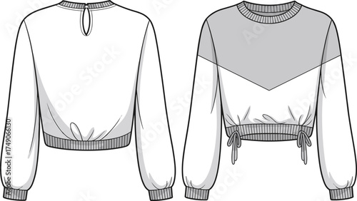 Women’s long sleeve top, fashion technical drawing, color block design, chevron panel, ribbed cuffs, drawstring hem, garment flat sketch, apparel illustration