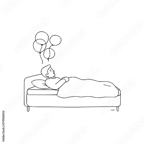 A person sleeping in a bed with balloons floating above them in a simple black and white line drawing art