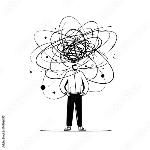 Man standing with hands on hips and abstract chaotic lines above his head in black and white drawing style