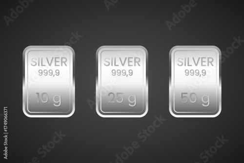 Silver Bars with Realistic Shadows Displayed in Various Gram Weights Vector