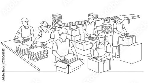 Minimalist Continuous Line Art of Workers Organizing and Packing Clothing into Boxes, Black and White Illustration of Garment Export and Supply Chain Workflow